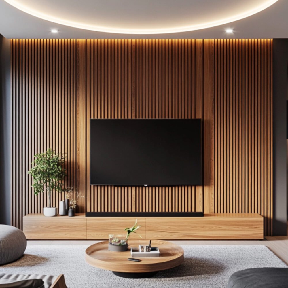 Contemporary TV Unit Design with Textured Wall and Suede Finish Shutters