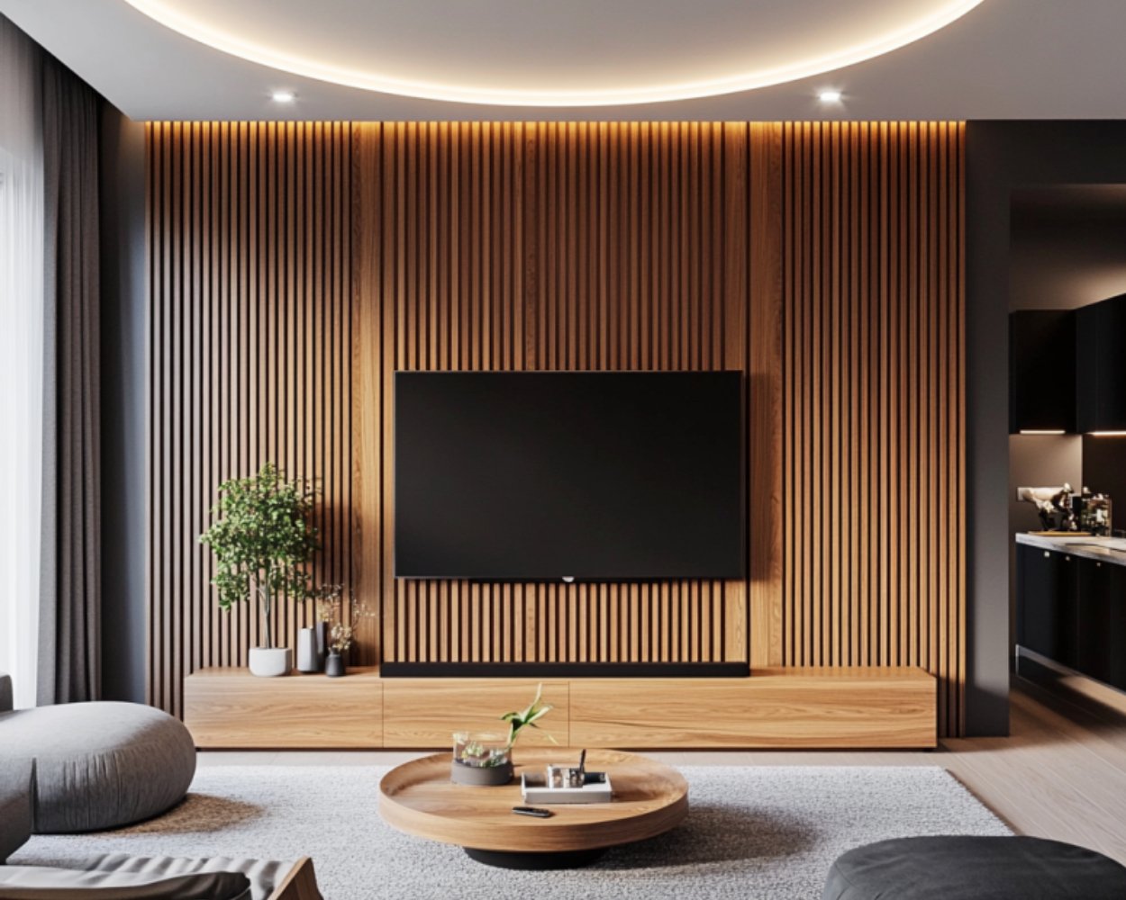 Contemporary TV Unit Design with Textured Wall and Suede Finish Shutters