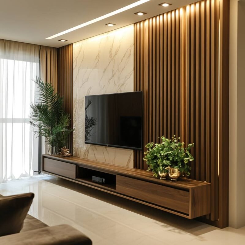 Contemporary Floating TV Unit Design with Wooden Panels and Marble Backsplash