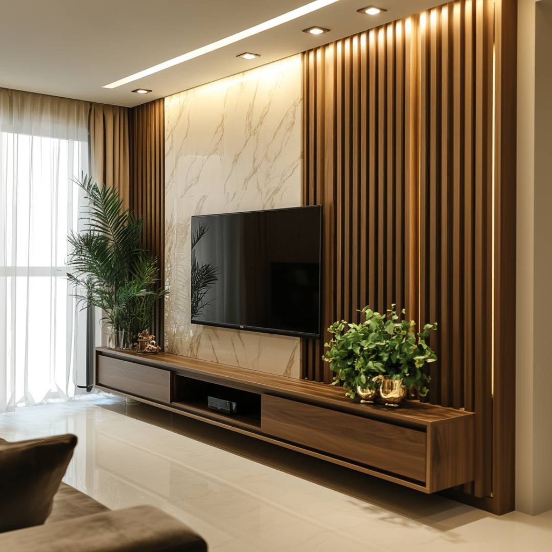 Contemporary Floating TV Unit Design with Wooden Panels and Marble Backsplash