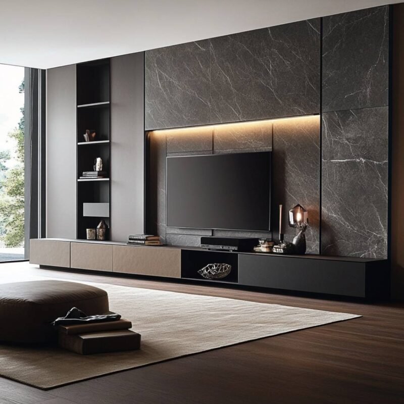 Modern TV Unit Design in Brown and Grey with Drawers