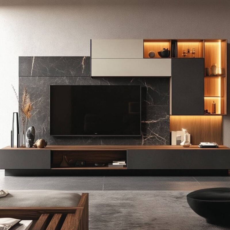 Contemporary Grey and White TV Unit Design with Marble-Like Accents