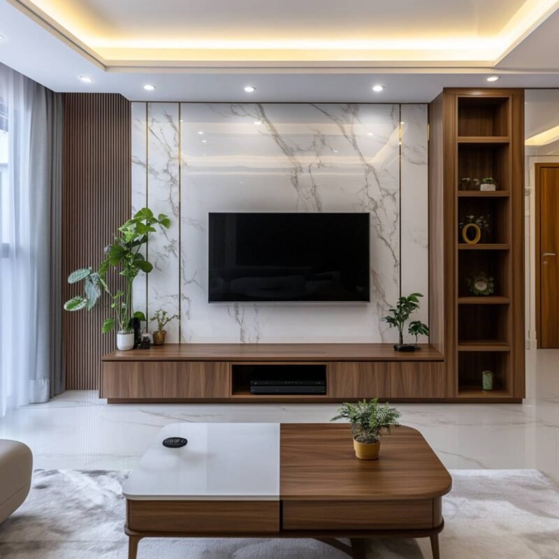 Contemporary TV Unit Design with Marble Backdrop
