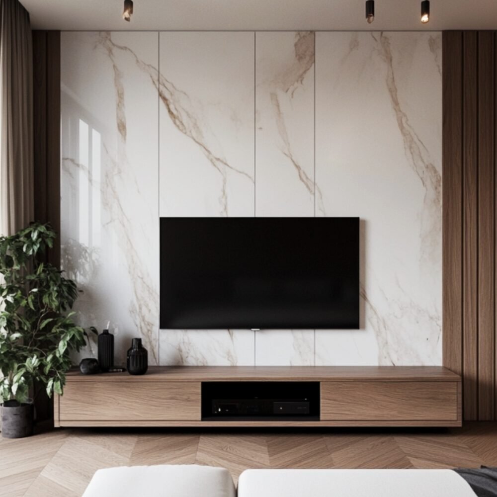Contemporary TV Unit Design with Minimalist Drawers and Marble