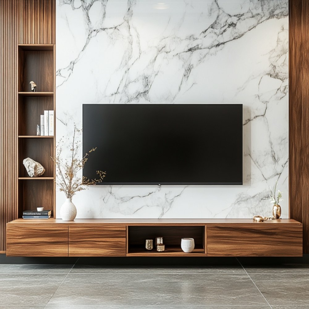 Modern Walnut Bronze TV Unit Design with Marble Backdrop