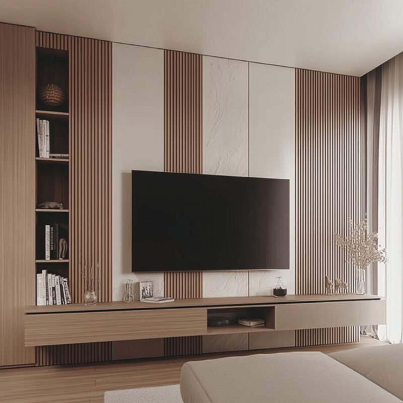 Walnut Modern TV Unit Design with Open Shelves