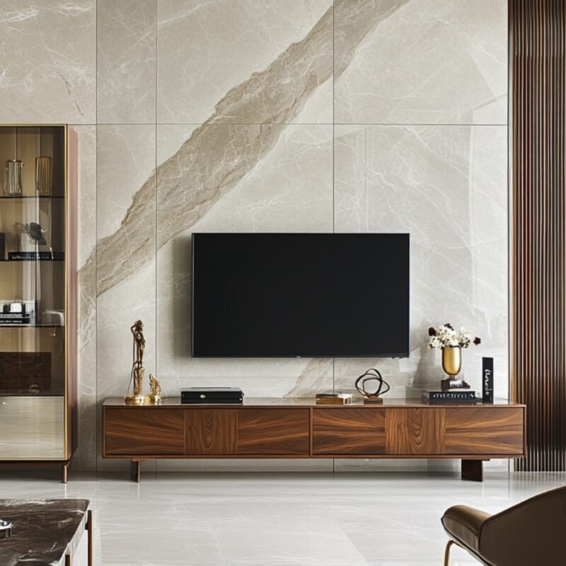 Walnut Bronze Modern TV Unit Design with Suede Finish