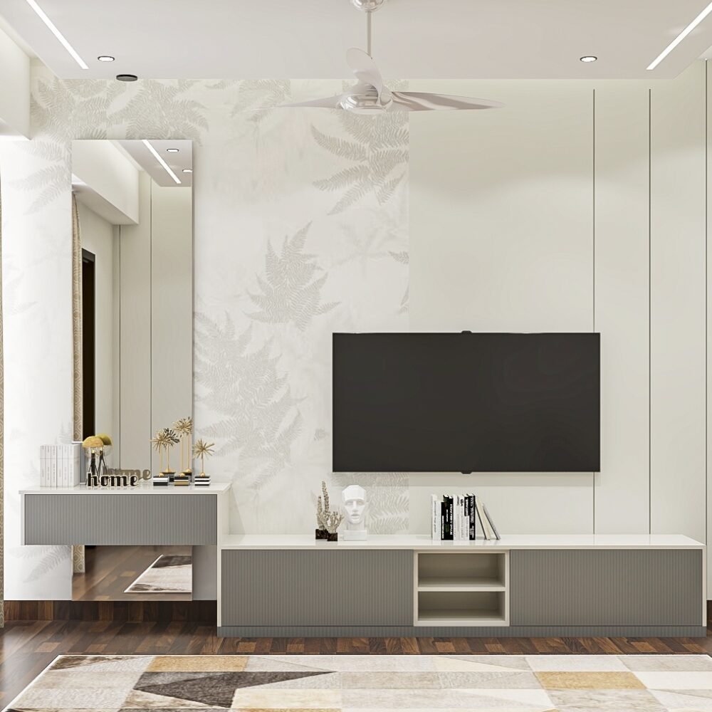 Grey and White Modern TV Unit Design with Suede Laminate Finish