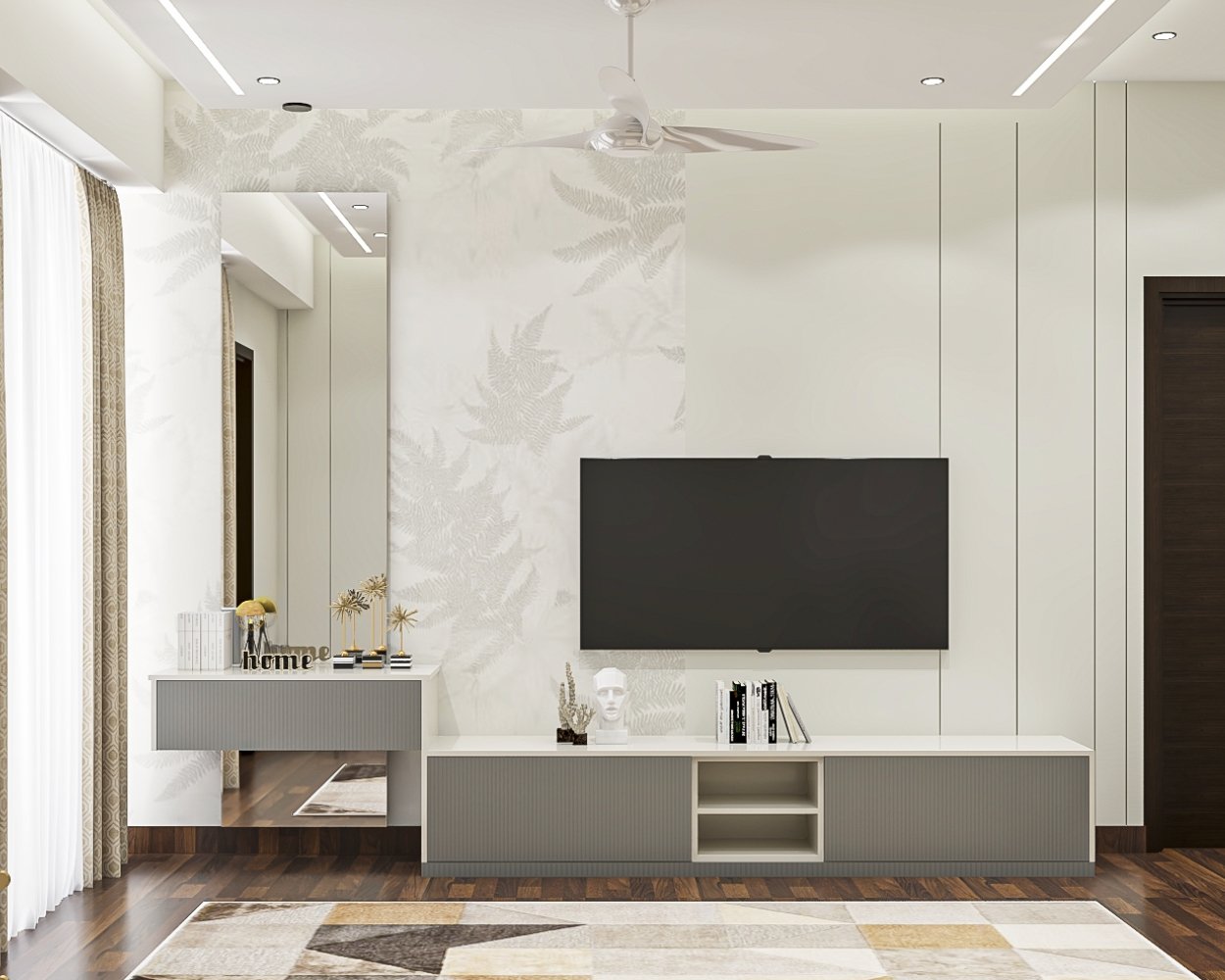 Grey and White Modern TV Unit Design with Suede Laminate Finish