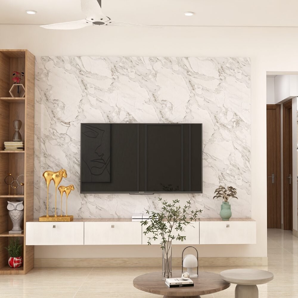 Modern White TV Unit Design with Walnut Coloured Storage Shelf