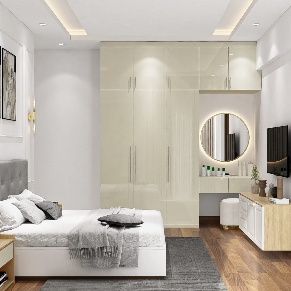 Modern Guest Bedroom Design with Queen Bed with Grey Headboard