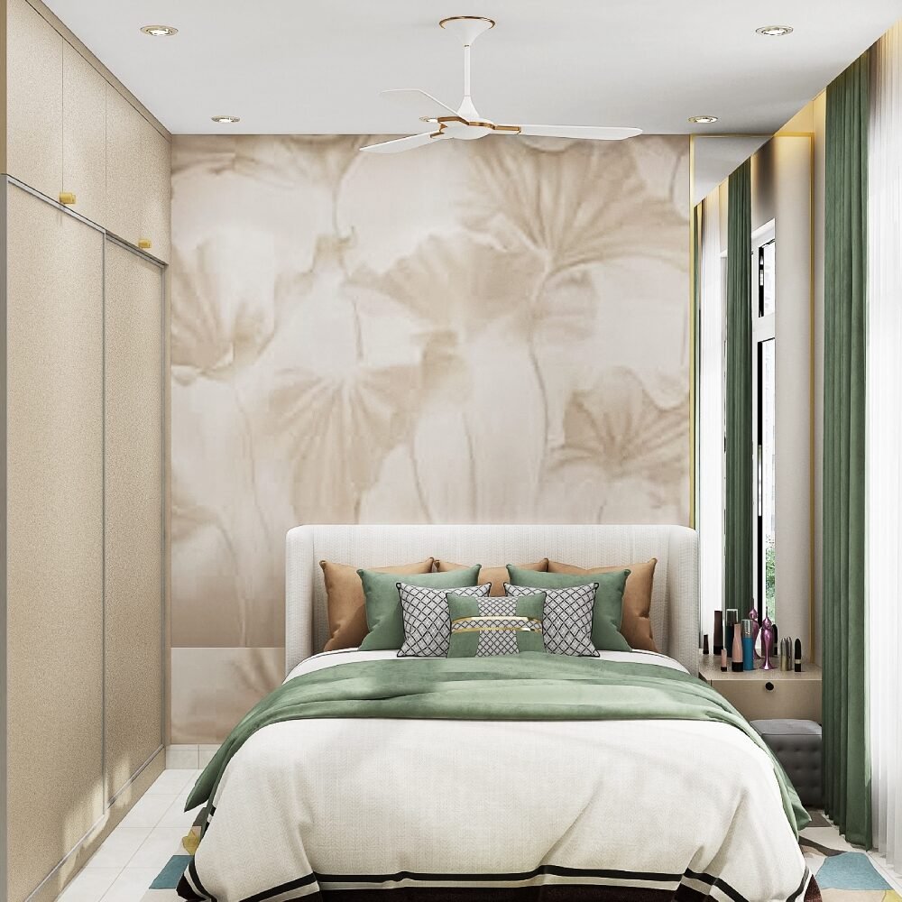 Floral Wallpaper Modern Guest Bedroom Design with Queen Bed