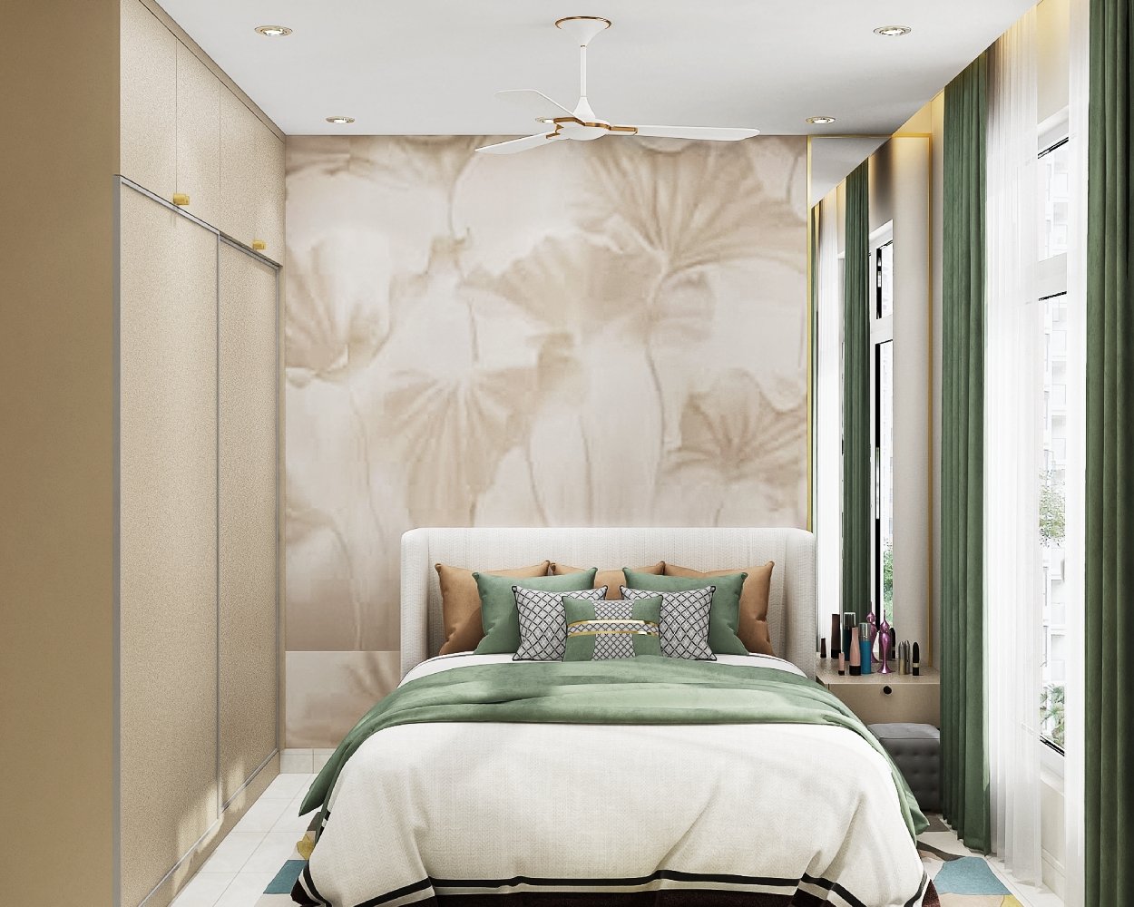 Floral Wallpaper Modern Guest Bedroom Design with Queen Bed