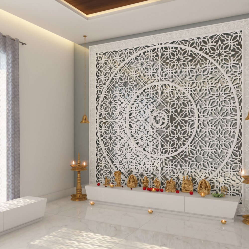 Modern White CNC-Cut Jali Wall Design For Pooja Rooms