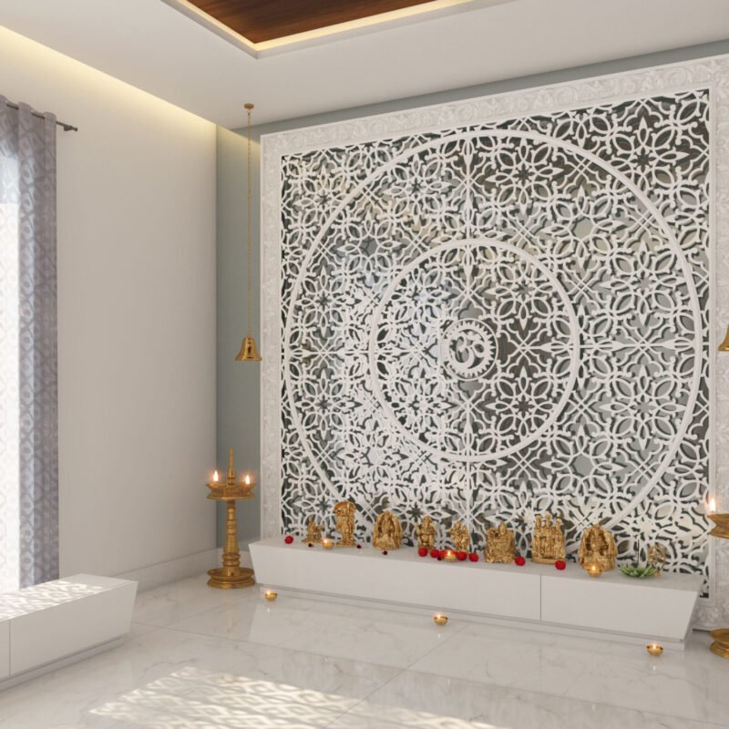 Modern White CNC-Cut Jali Wall Design For Pooja Rooms