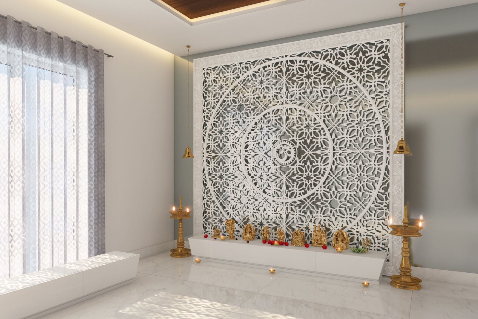 Modern White CNC-Cut Jali Wall Design For Pooja Rooms