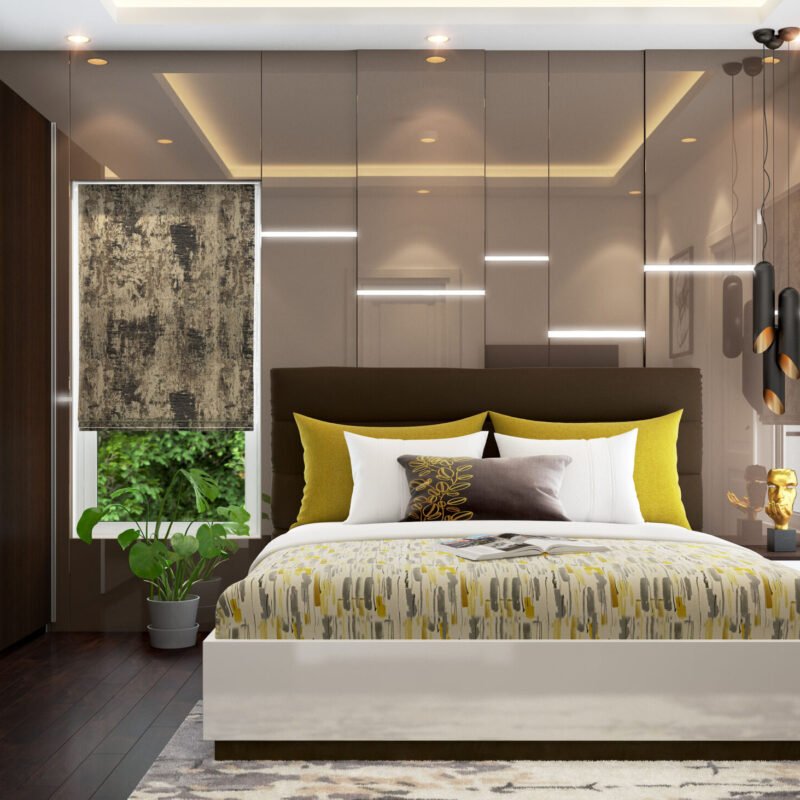 Modern Brown Bedroom Wall Design With Mirror Panelling