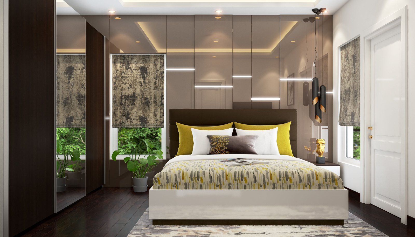 Modern Brown Bedroom Wall Design With Mirror Panelling