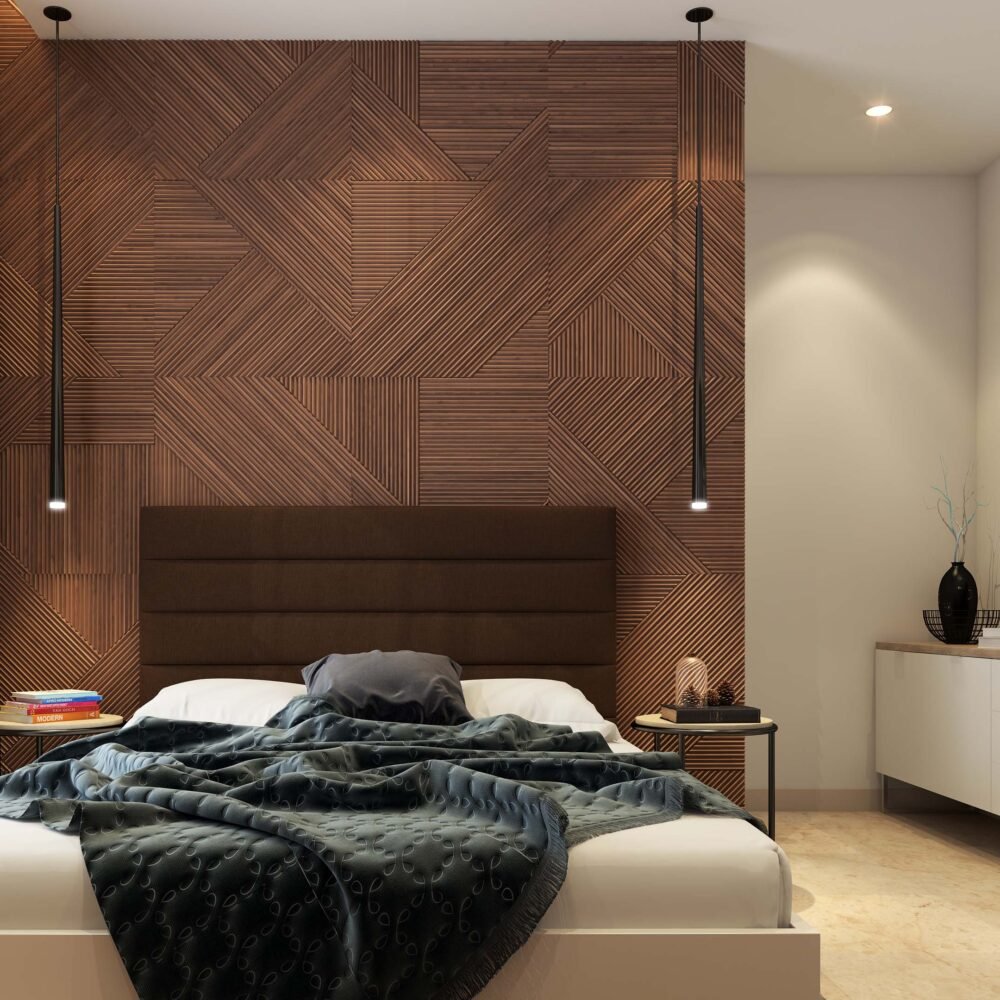 Contemporary Bedroom Wall Design With Wooden Panelling And Grooves