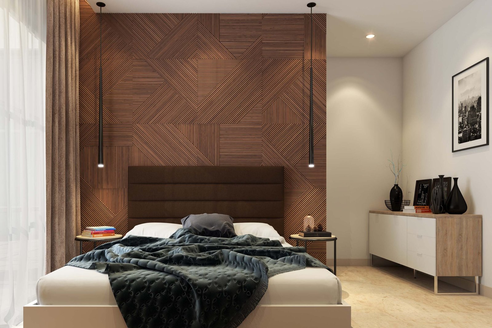 Contemporary Bedroom Wall Design With Wooden Panelling And Grooves