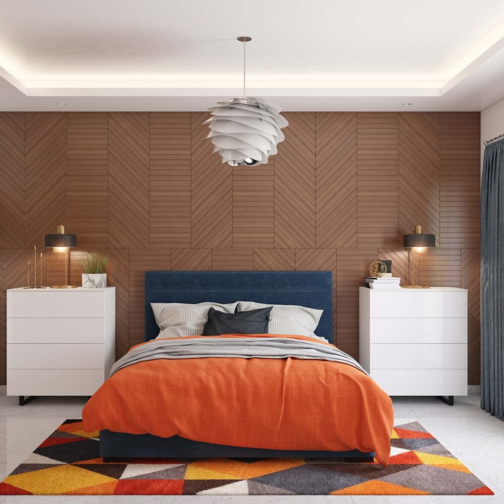 Modern Zig-Zag Bedroom Wall Design With Wooden Panelling