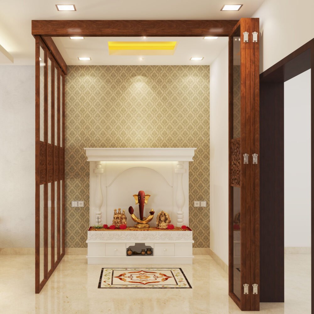 Modern Beige Damask Wallpaper Design For Pooja Rooms