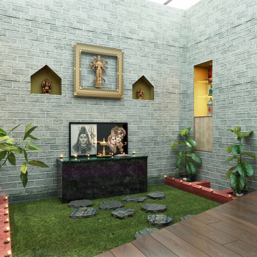 Indian Traditional Stone Cladding Pooja Room Wallpaper Design