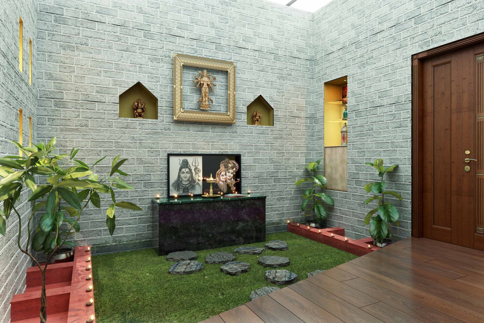 Indian Traditional Stone Cladding Pooja Room Wallpaper Design
