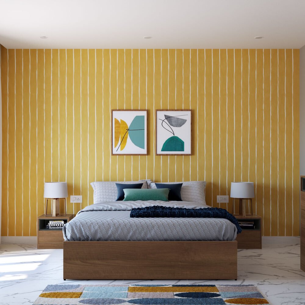 Mid-Century Modern Striped Yellow Wallpaper Design for Bedrooms