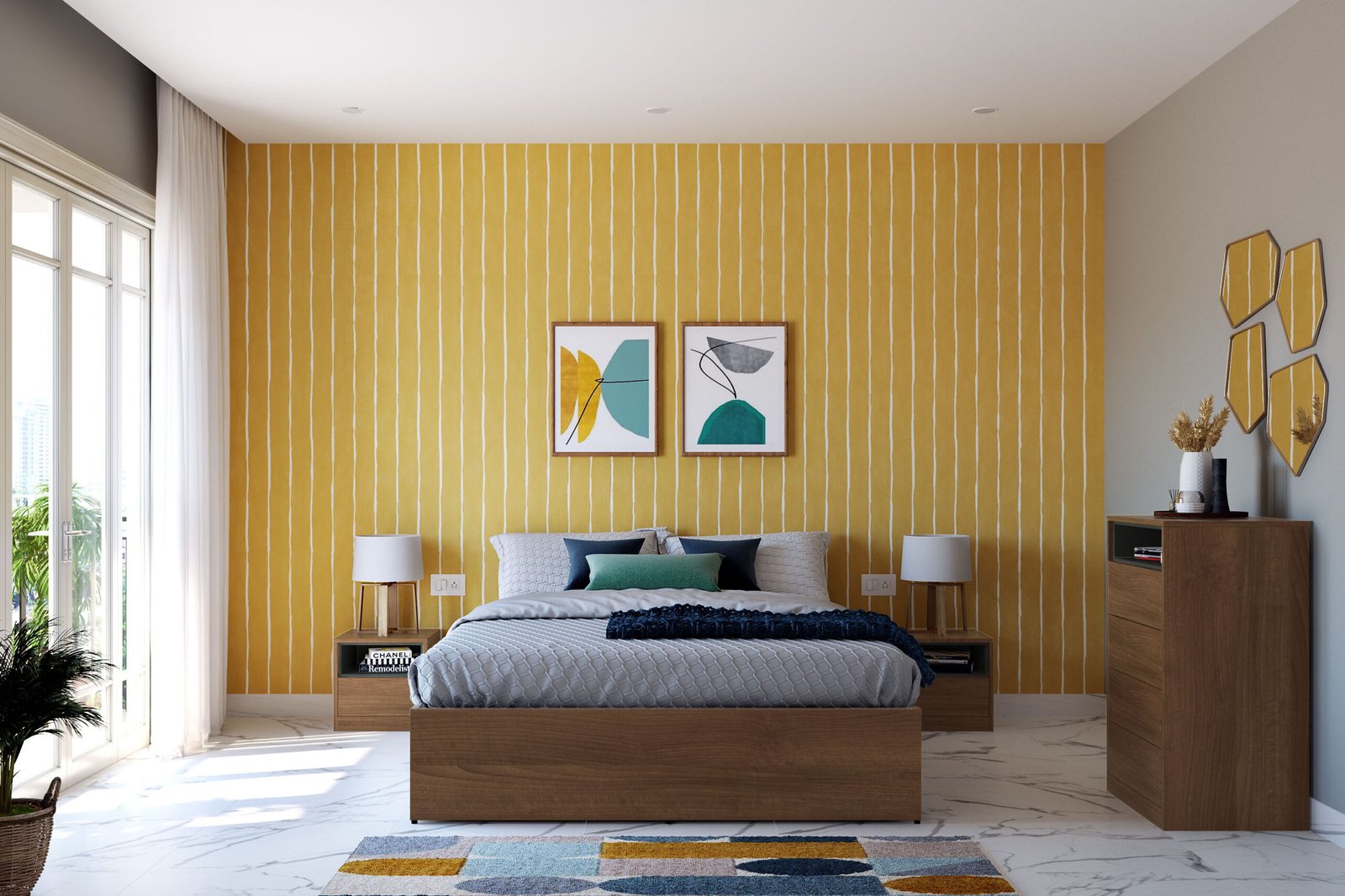 Mid-Century Modern Striped Yellow Wallpaper Design for Bedrooms