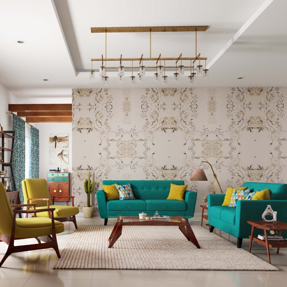 Beige and Brown Mid-century Modern Floral Wallpaper Design