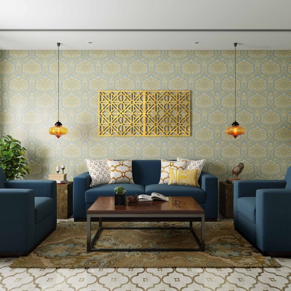 Blue and Green Mid-century Modern Sikhash Wallpaper Design