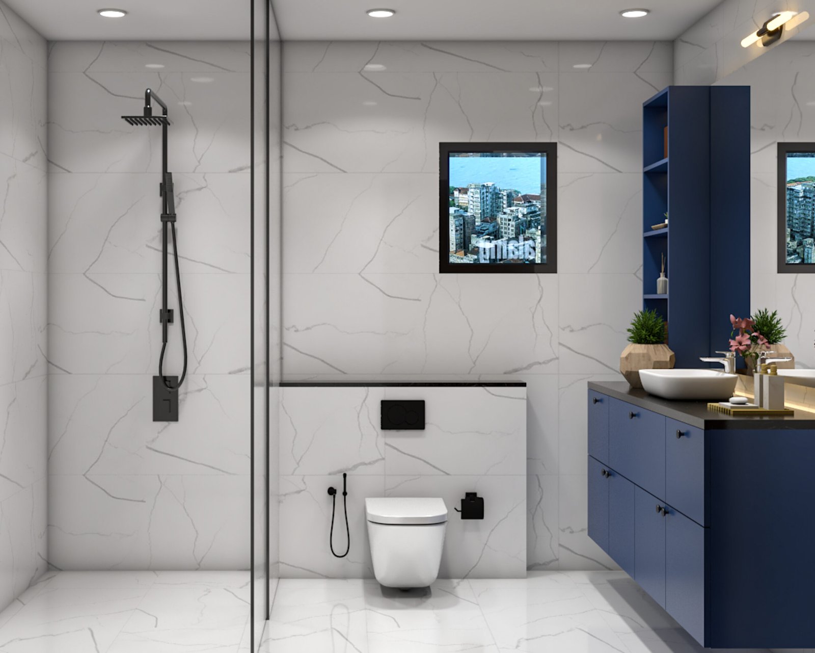 White and Grey Modern Marble Bathroom Design with Vanity