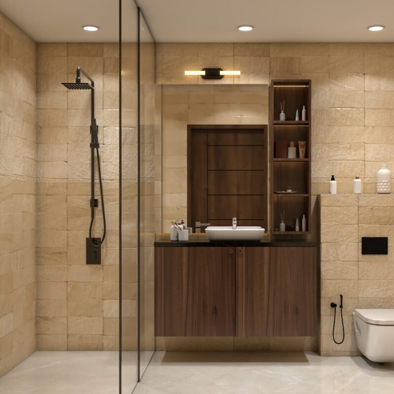 Modern Bathroom Design with Sandstone Walls and Walk-In Shower