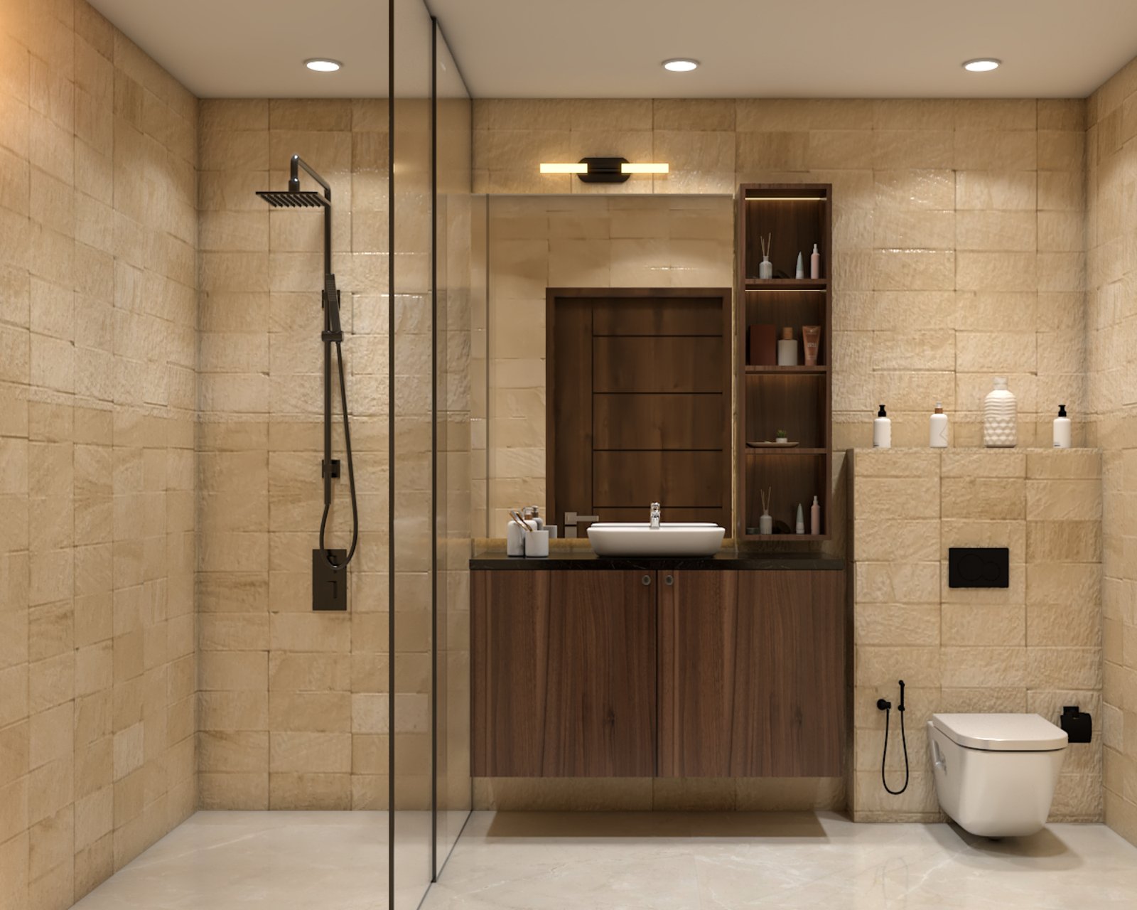 Modern Bathroom Design with Sandstone Walls and Walk-In Shower