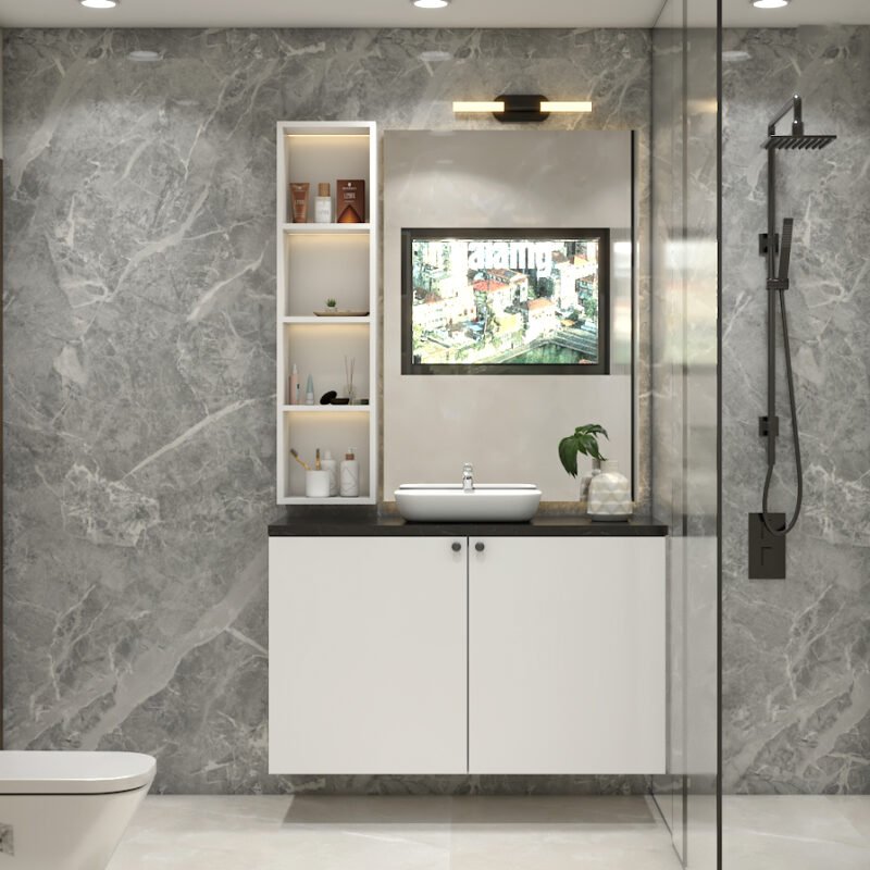 Modern Bathroom Design with Grey Marble Walls and Open Storage