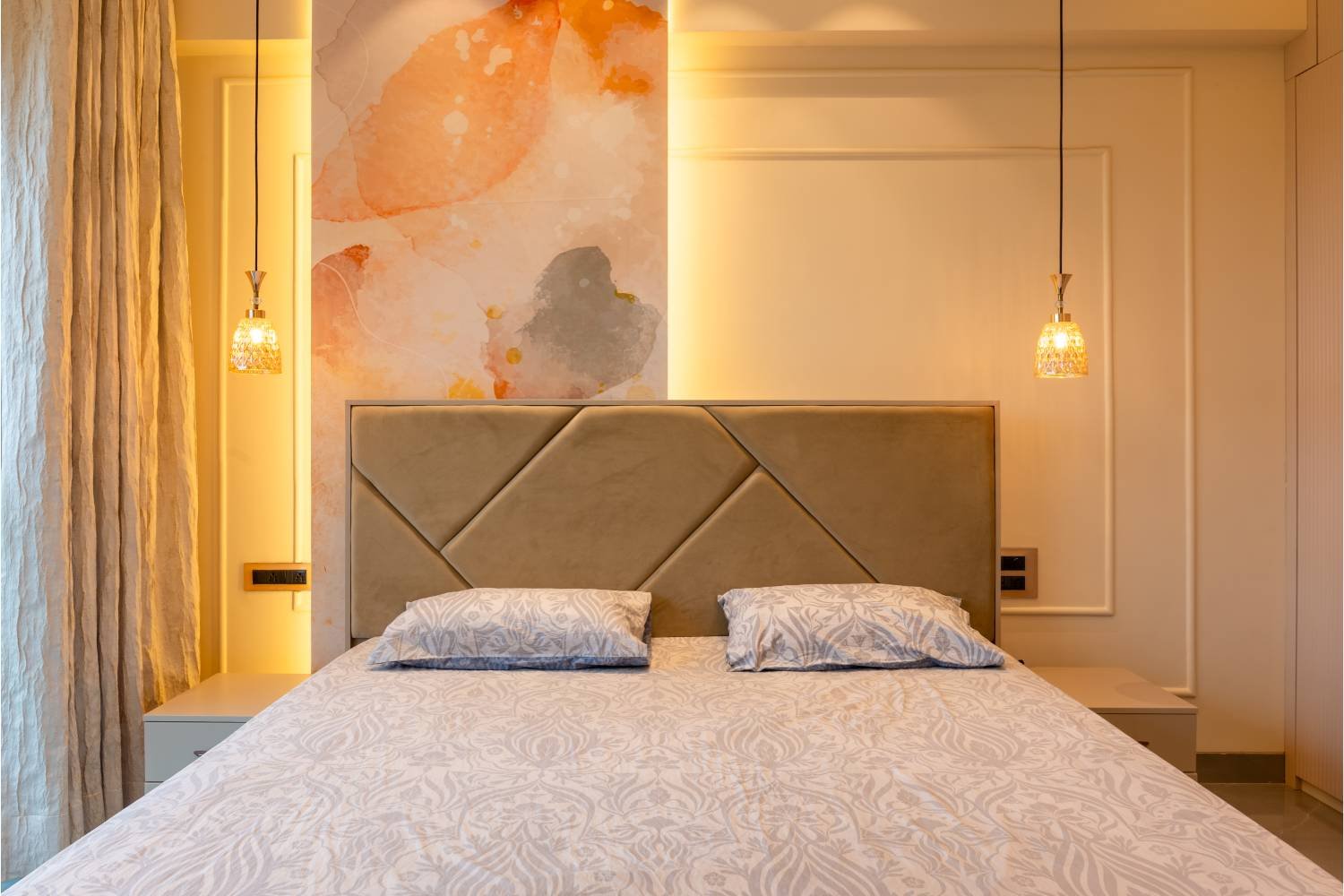 Modern Wall Design with Trims Panel and Multicolor Wallpaper