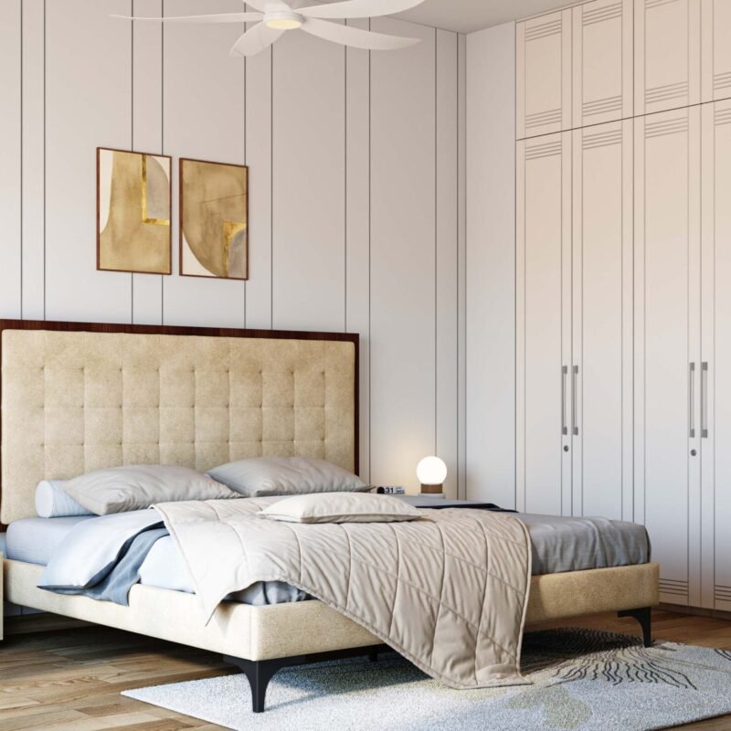 White and Wood Modern Panelled Wall Design with Vertical Grooves