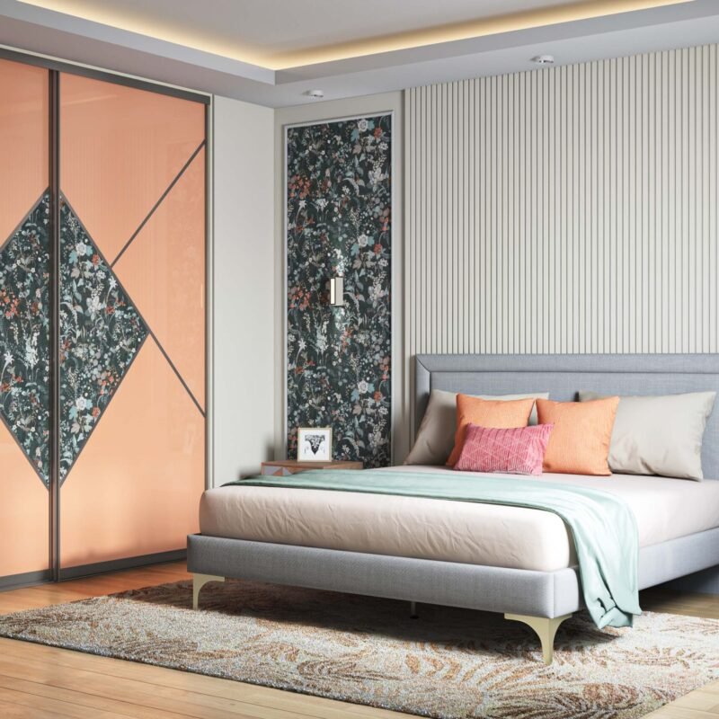 Contemporary Bedroom Wall Design With Floral Wallpaper and Grooved Panels