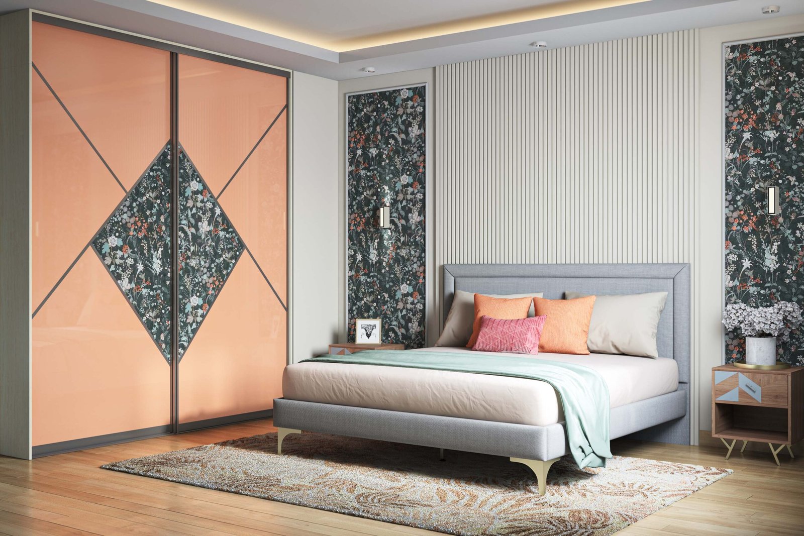 Contemporary Bedroom Wall Design With Floral Wallpaper and Grooved Panels