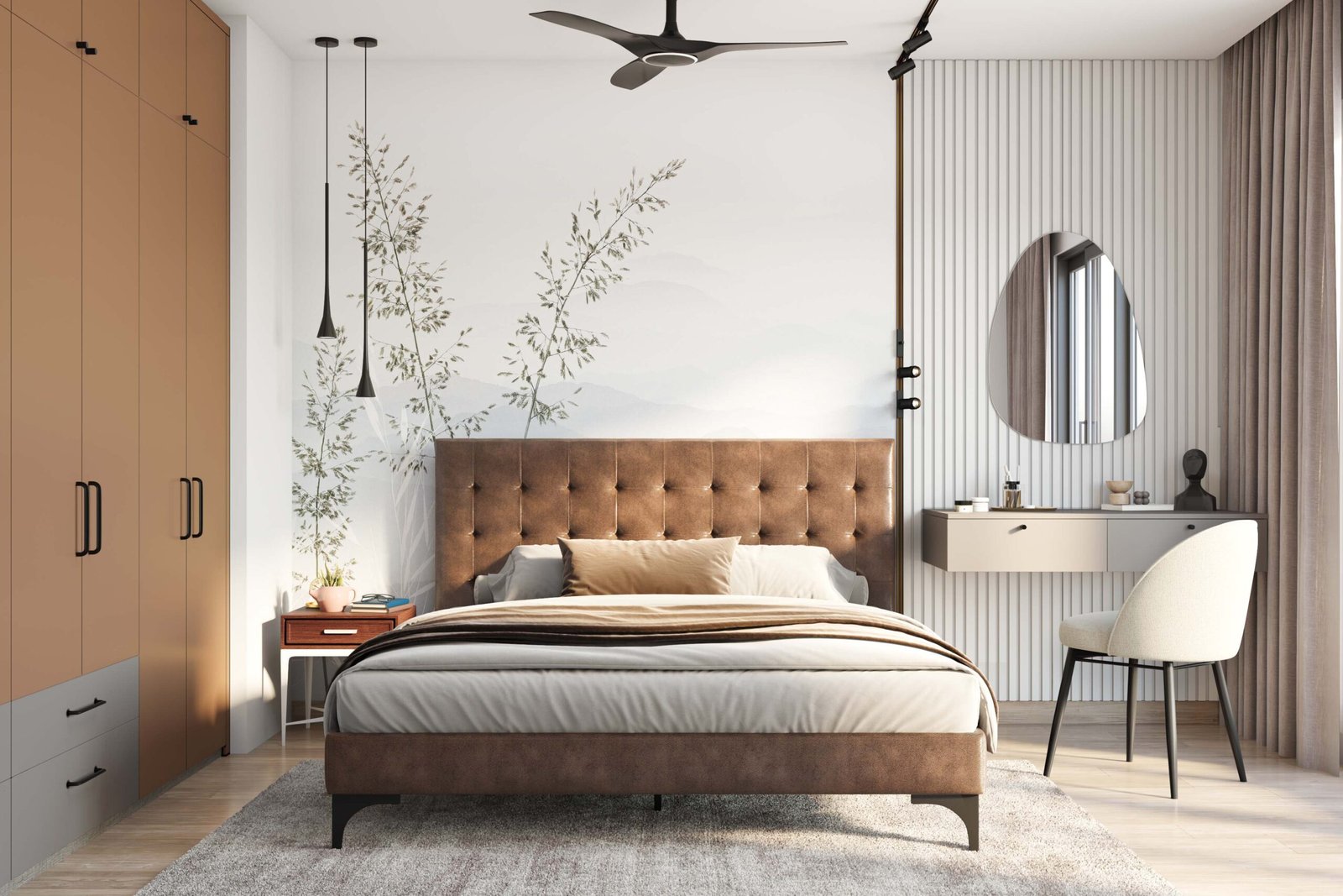 Contemporary Misty Nature Mural with Fluted Panel Wall Design