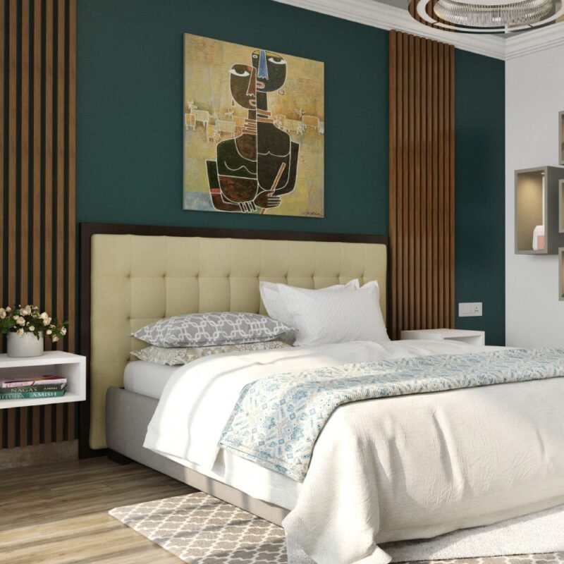 Minimalist Brown Fluted Panels Wall Design with Dark Green Paint