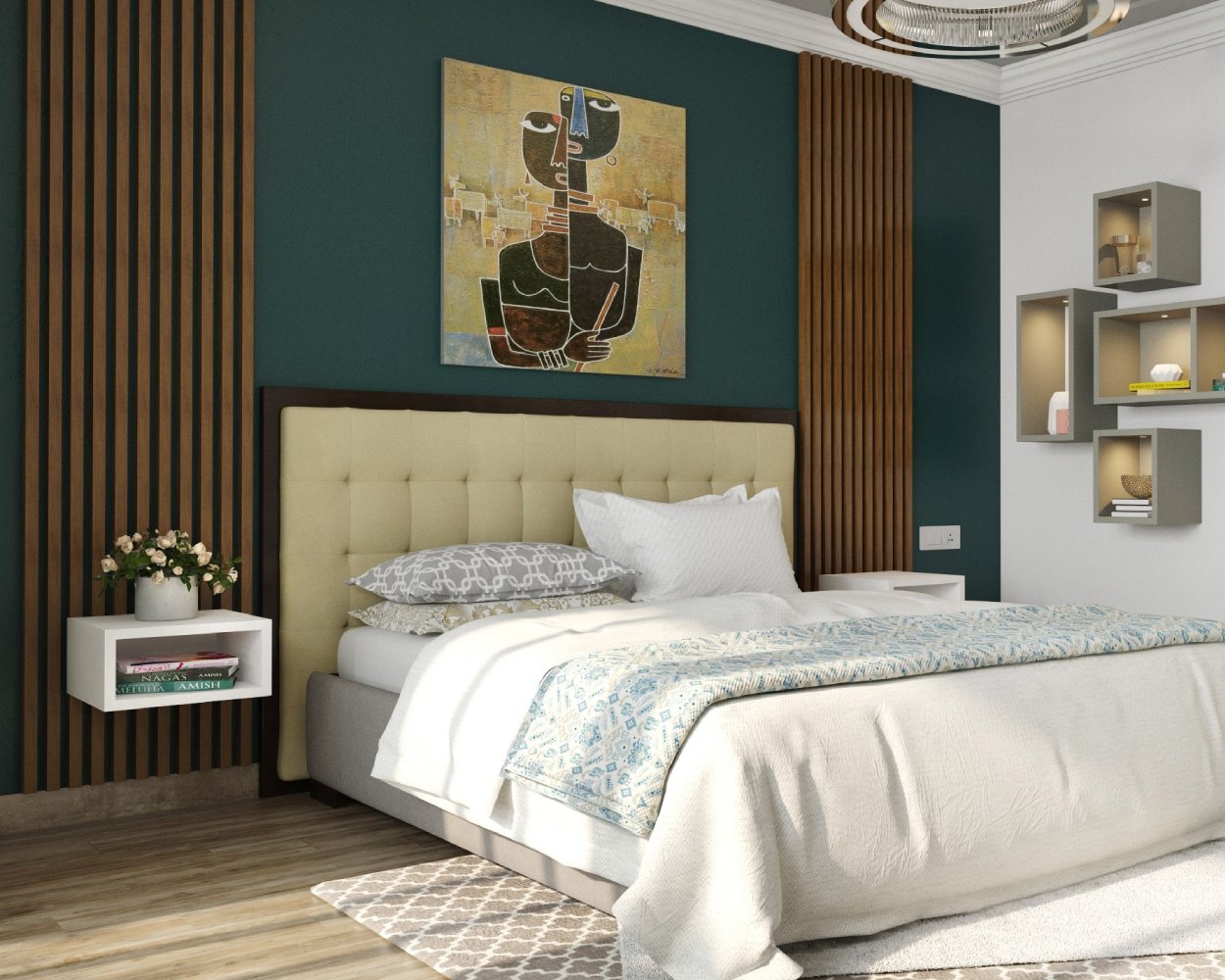 Minimalist Brown Fluted Panels Wall Design with Dark Green Paint