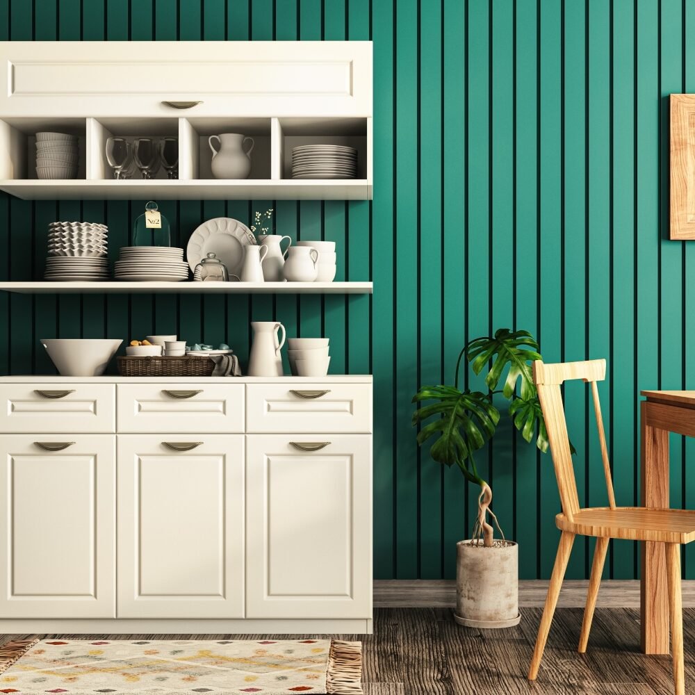 Green Fluted Wall Panels Wall Design for a Farmhouse-Style Dining Room