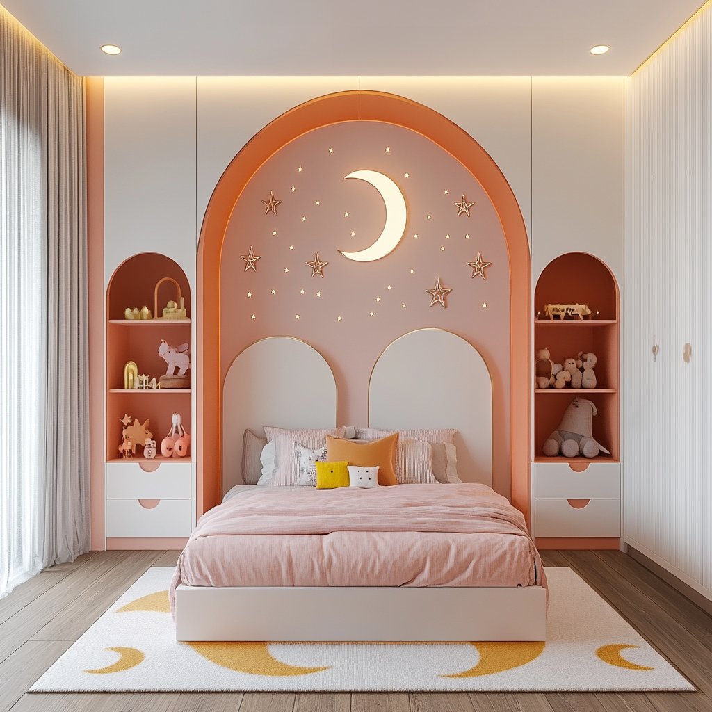 Modern Pink Wall Design with Arched Niche Stickers for Bedrooms