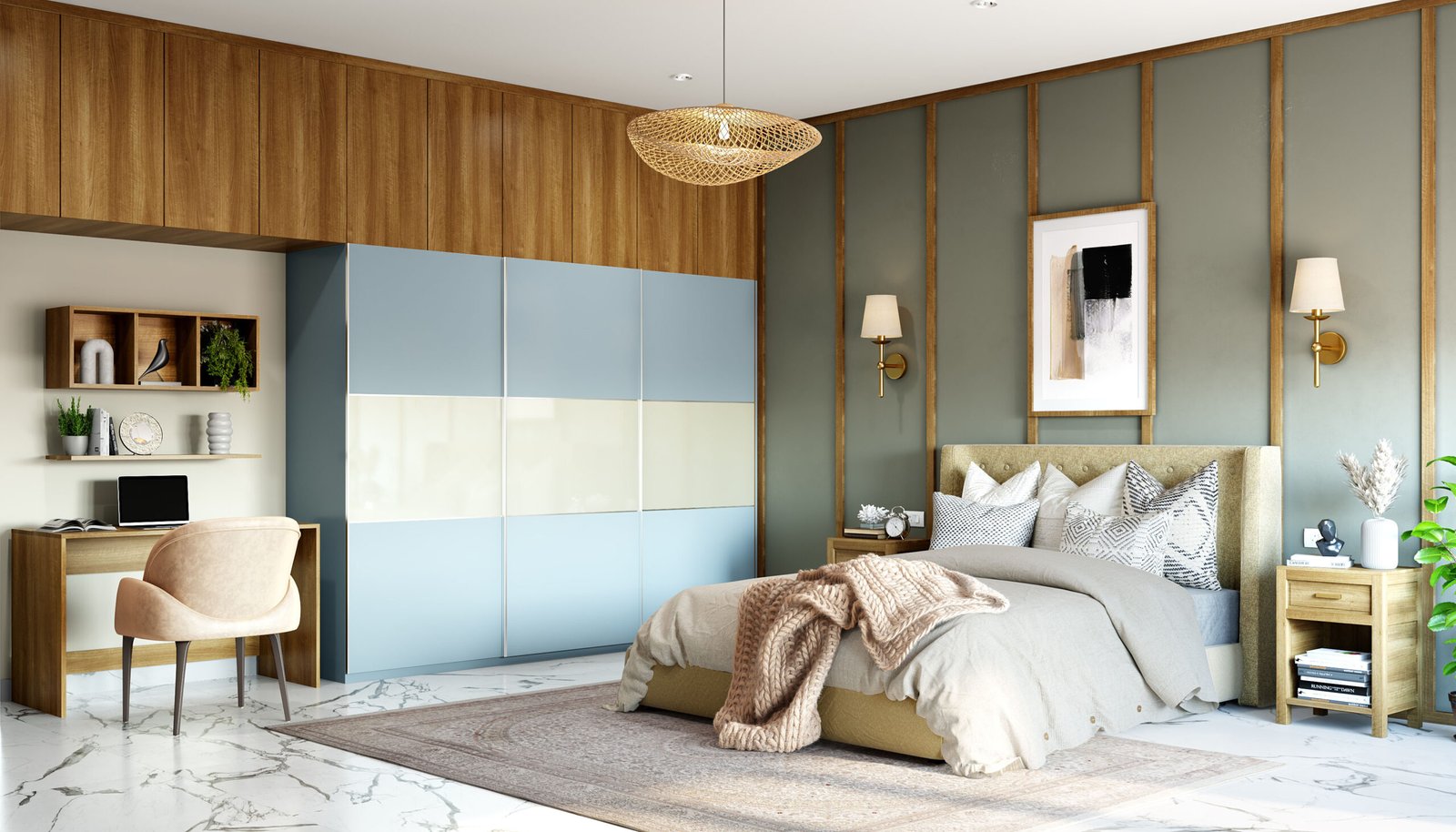 Modern Vertical Oak Battens on Sage Green Panelled Wall Design