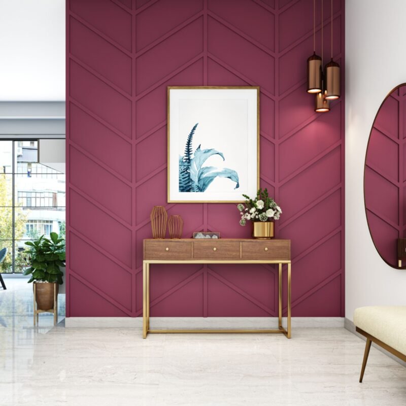 Contemporary Foyer Design with Vivid Wall Panels and Golden Console Table