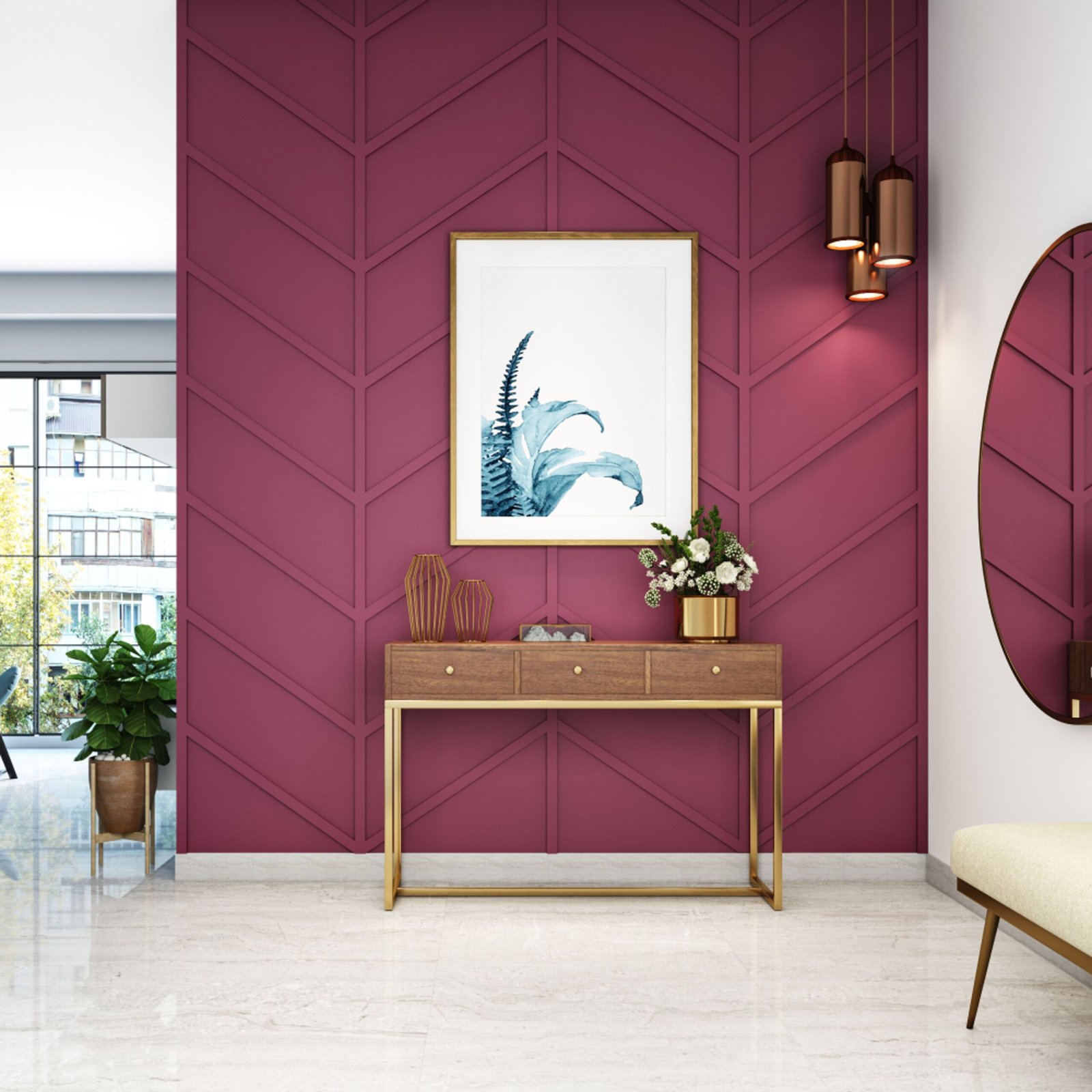 Contemporary Foyer Design with Vivid Wall Panels and Golden Console Table