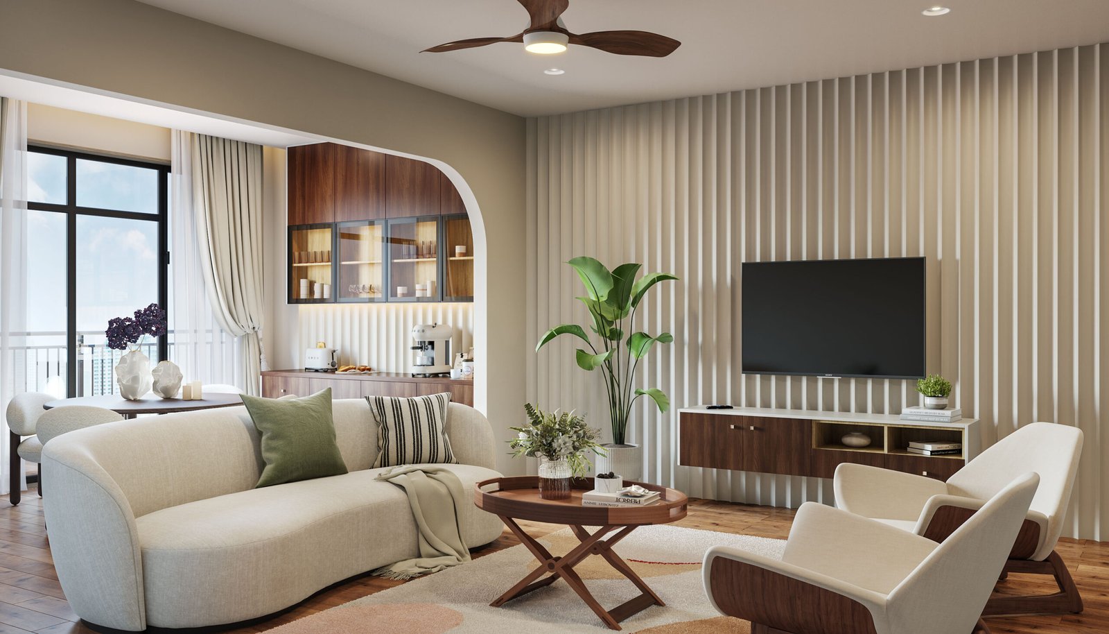 Warm Beige Fluted Accent Wall with Vertical Ridges Modern Wall Design