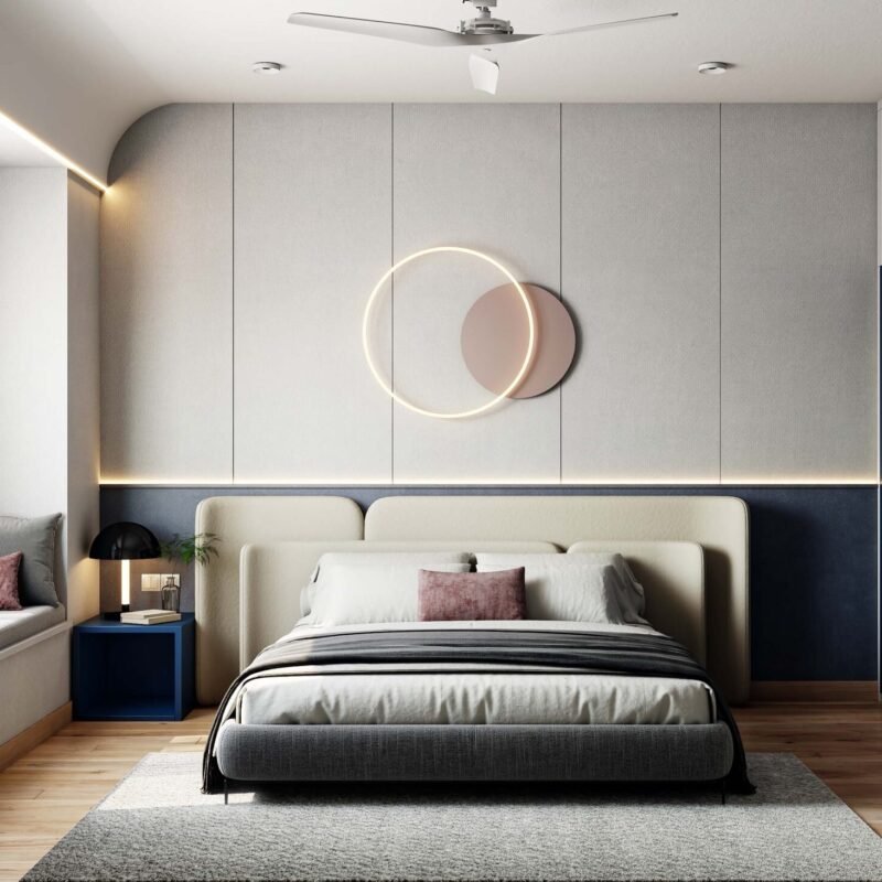 LED-Lit Textured Contemporary Wall Design with Upholstered Navy Band